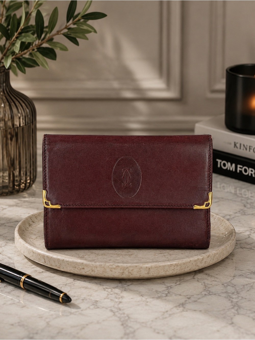 Cartier Vintage Bordeaux Leather Kisslock Trifold Wallet Must de Cartier